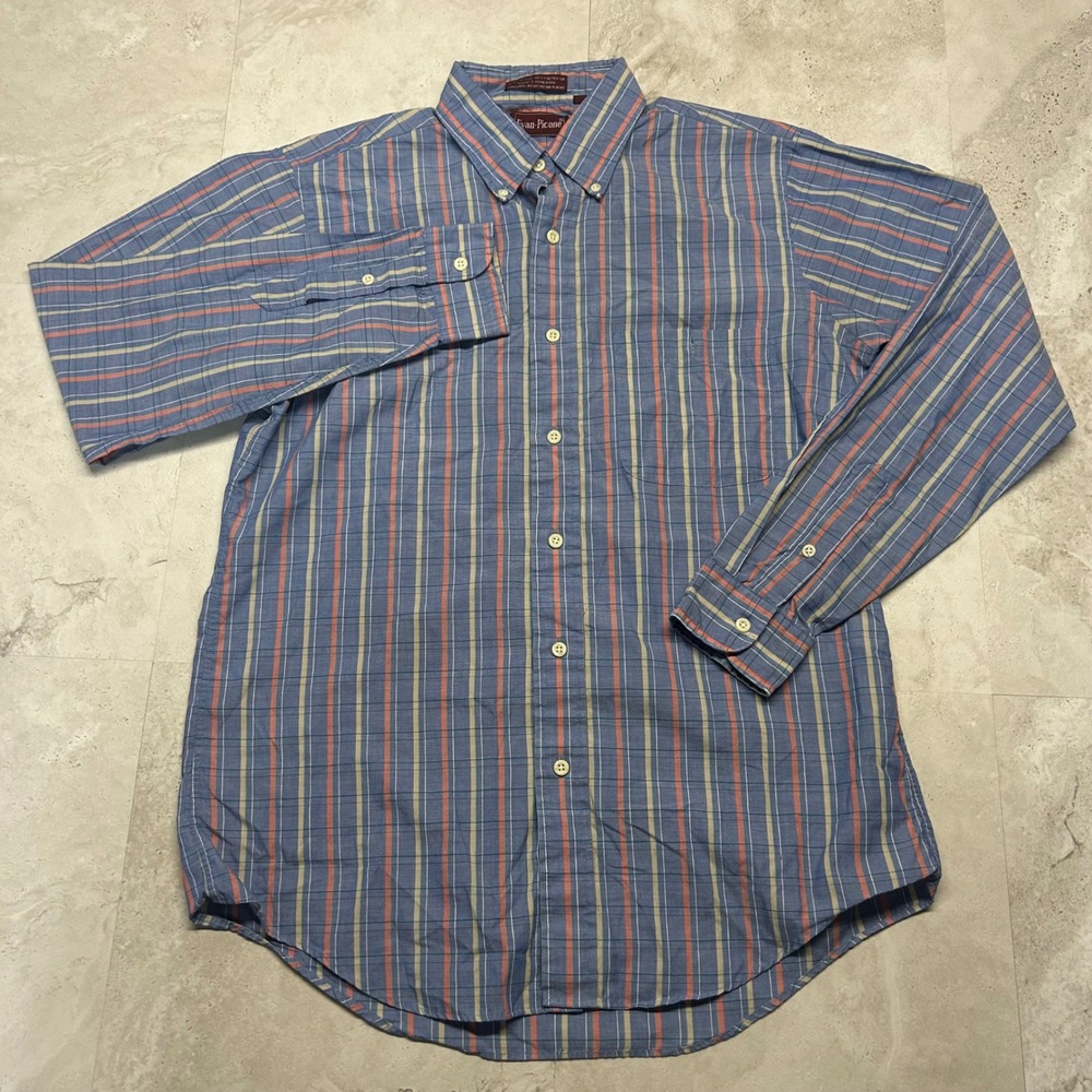 Evan-Picone Plaid Button Down Shirt Blue Orange Mens Size Medium Long Sleeve